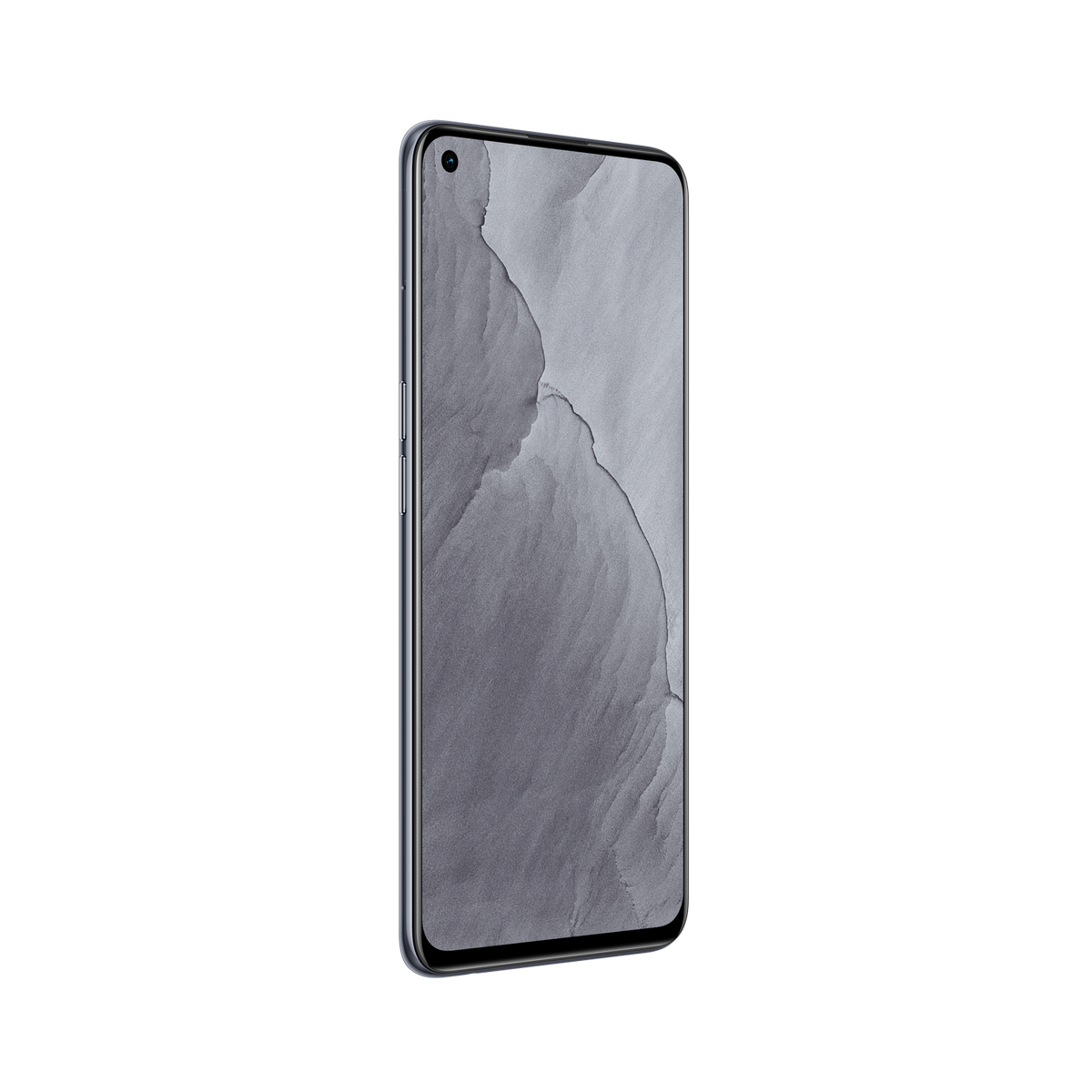 Un smartphone con un patrón gris y blanco en la pantalla, sobre un fondo negro.