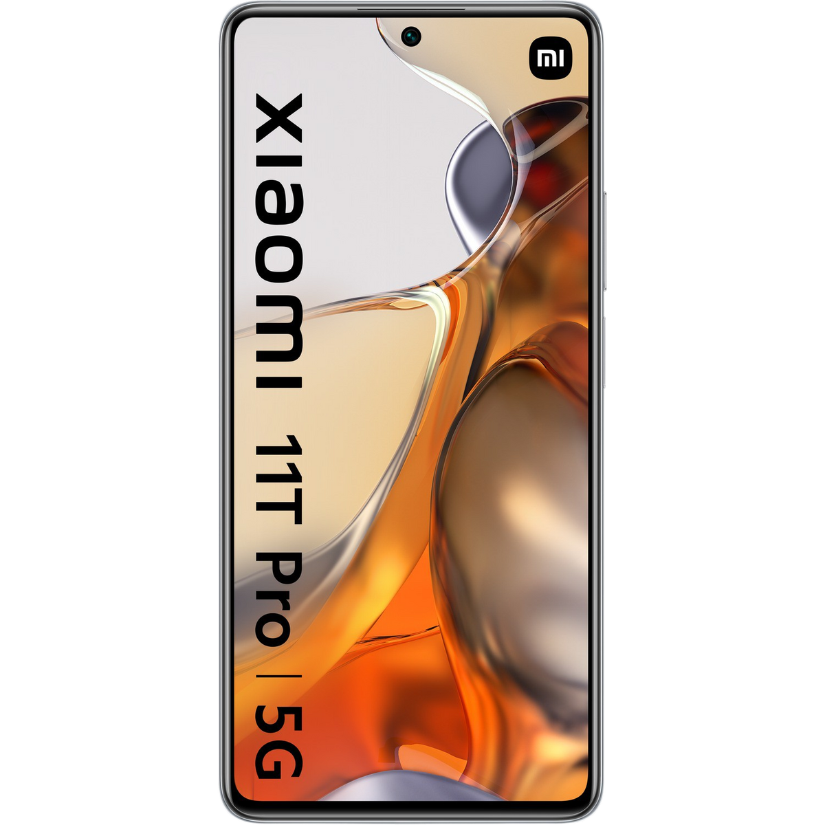 Czarny smartfon ze słowami "Xiaomi 11T pro | 5G" wyświetlanymi pionowo na ekranie.