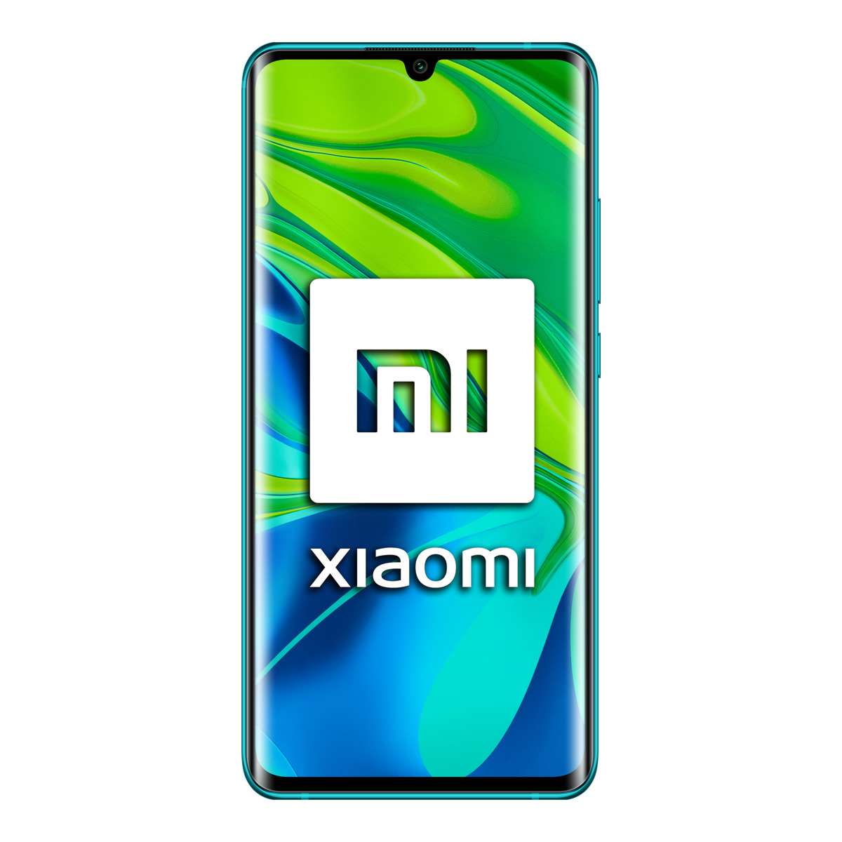 Niebieski smartfon z białym logo Xiaomi. Ekran jest włączony, tło jest białe.