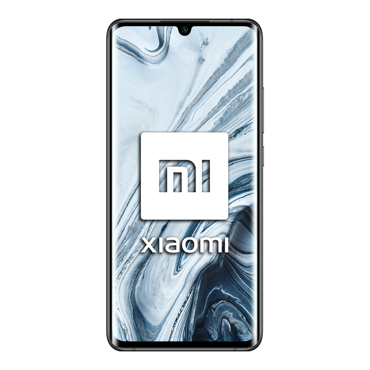 Smartfon z białym kwadratem z logo Xiaomi na ekranie, na wzorzystym tle.