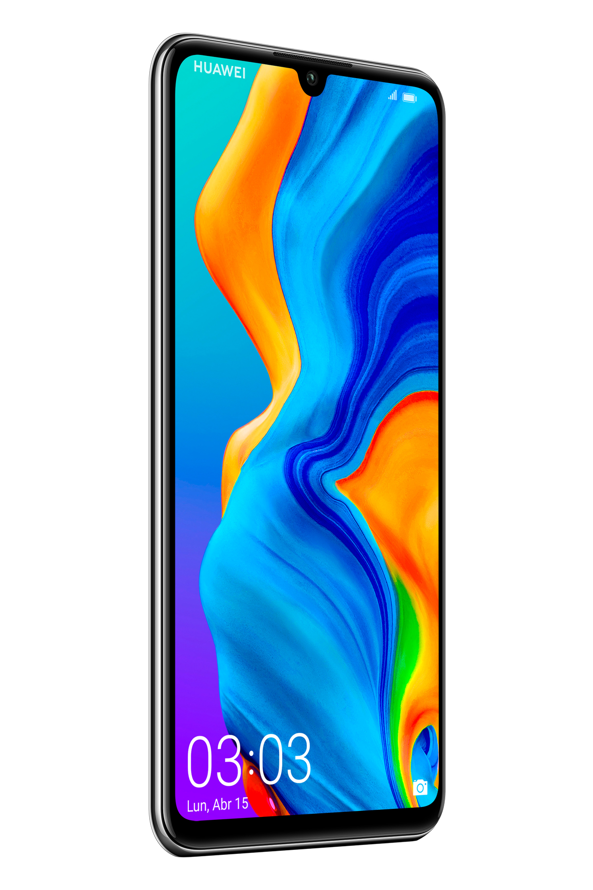 Czarny i srebrny telefon wyświetla kolorowy abstrakcyjny obraz i godzinę 03:03.