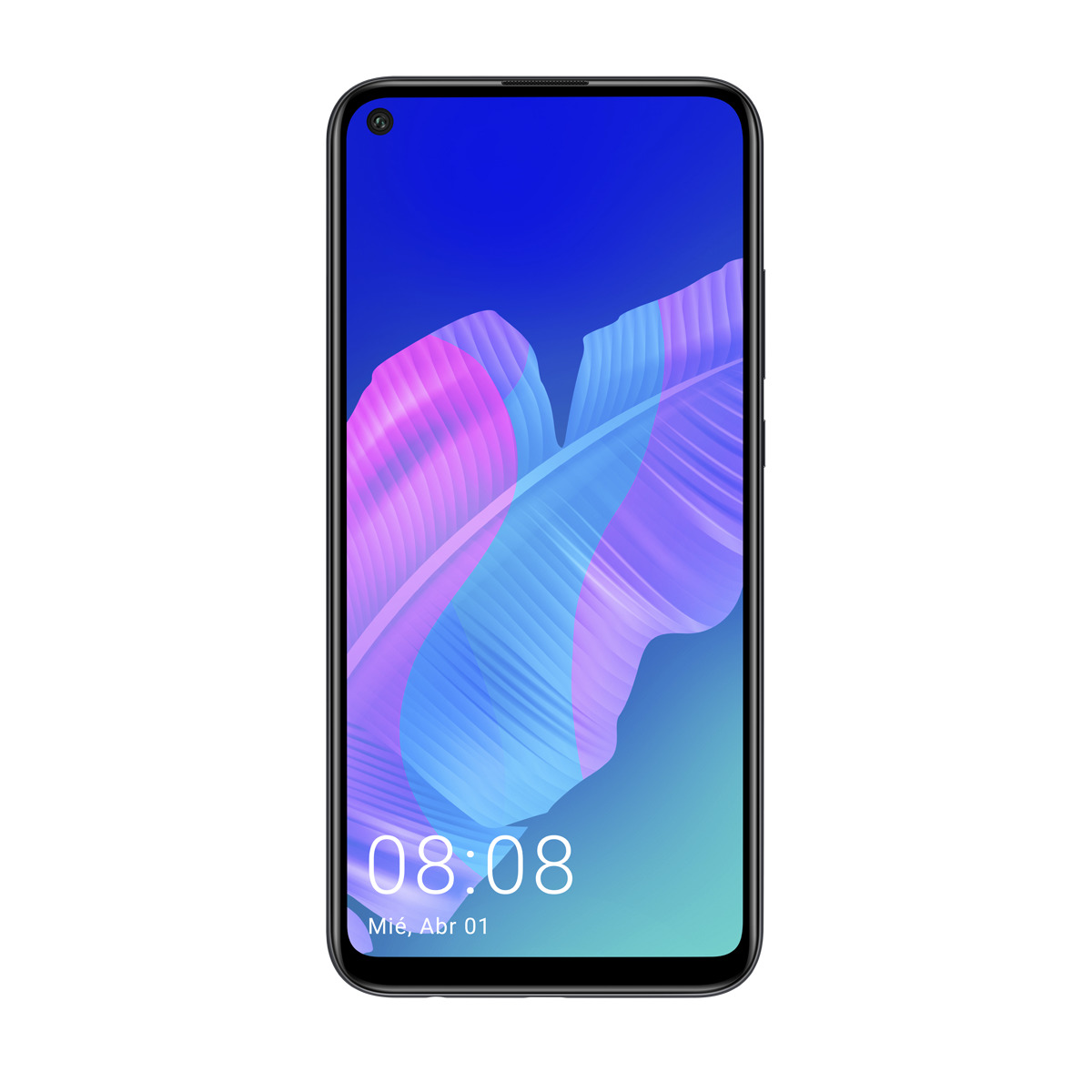 Ein schwarzes Huawei-Smartphone mit farbigem Bildschirm. Der Bildschirm zeigt die Uhrzeit 08:08 und das Datum.