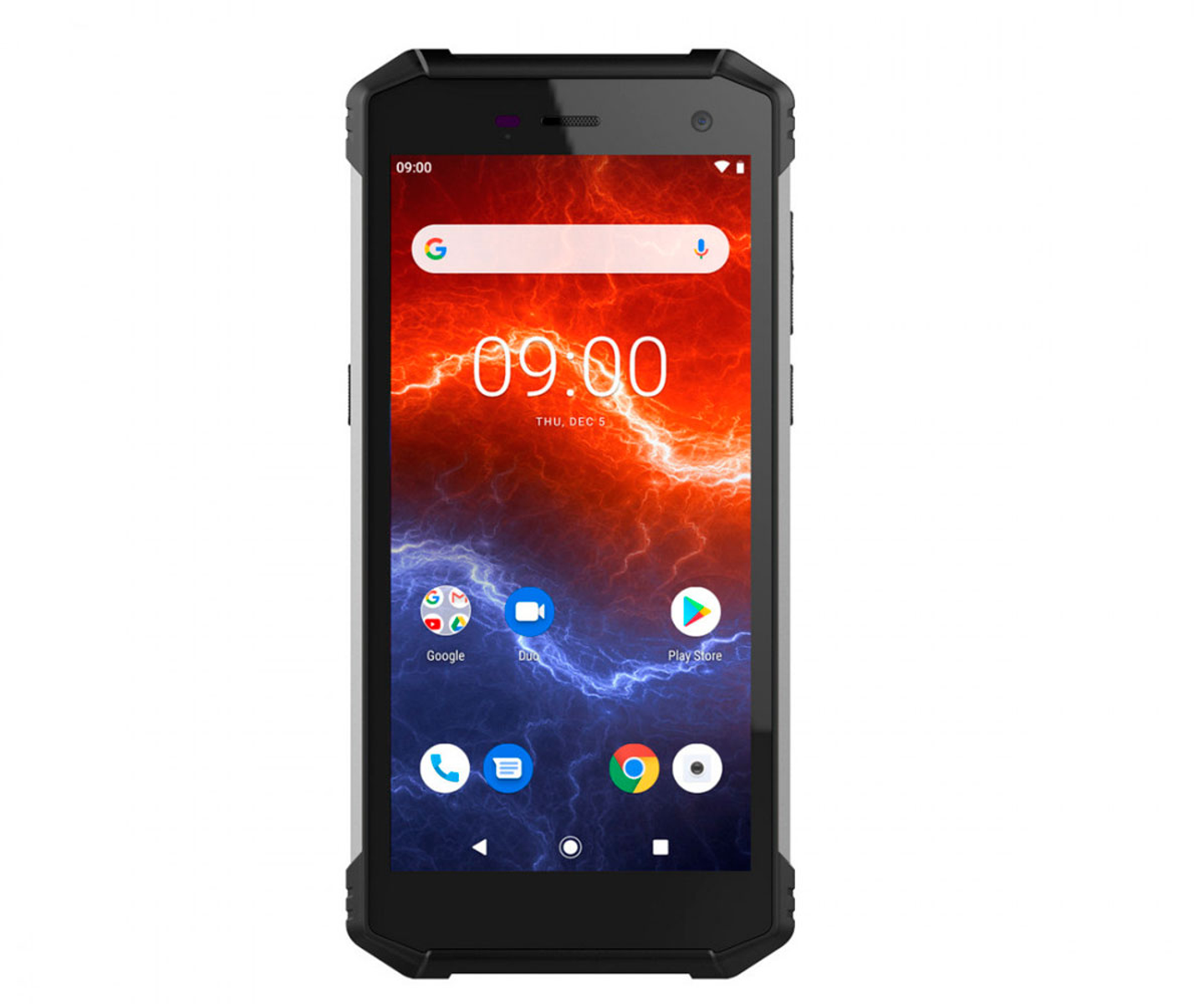 Schwarzes, robustes Smartphone. Bildschirm zeigt Uhrzeit, Google-Suchleiste und App-Symbole. Weißer Hintergrund.