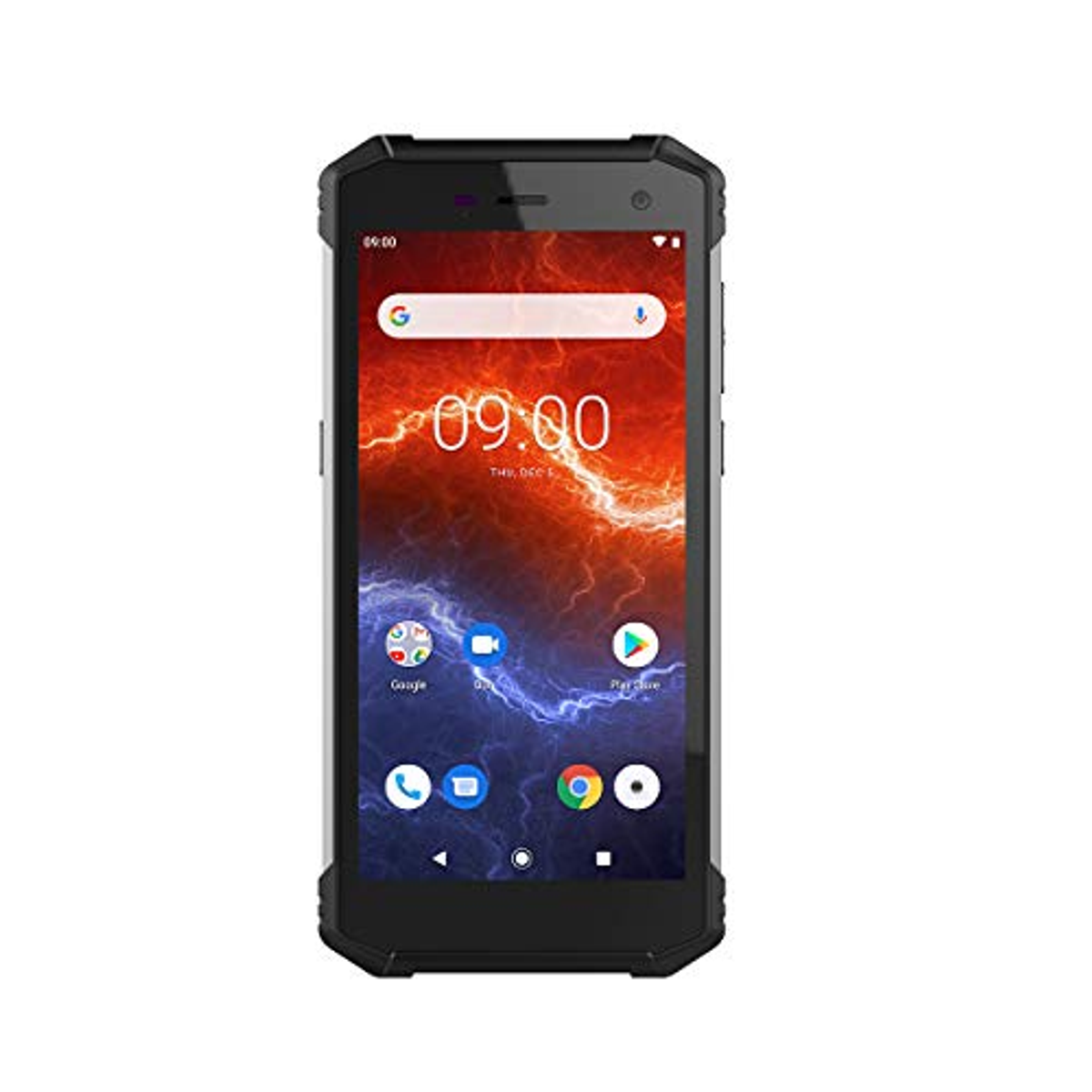 Schwarzes Smartphone, das einen Startbildschirm mit App-Symbolen und der Uhrzeit 09:00 zeigt.