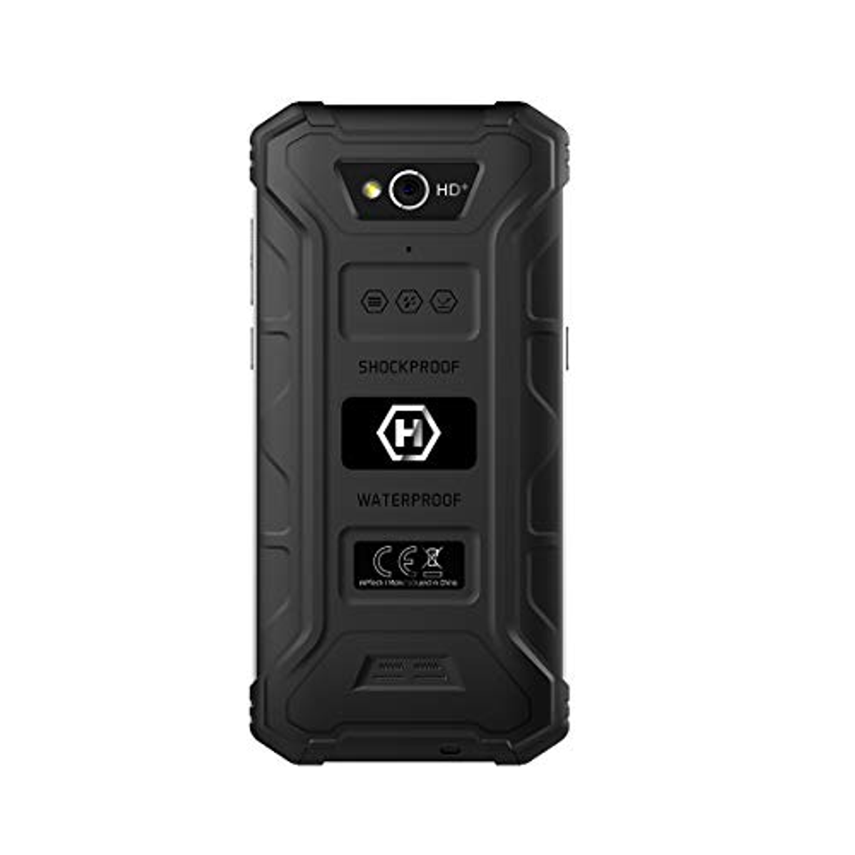 Schwarzes, robustes Smartphone, Rückseite zeigend. HD-, stoßfest-, wasserdicht-Etiketten.