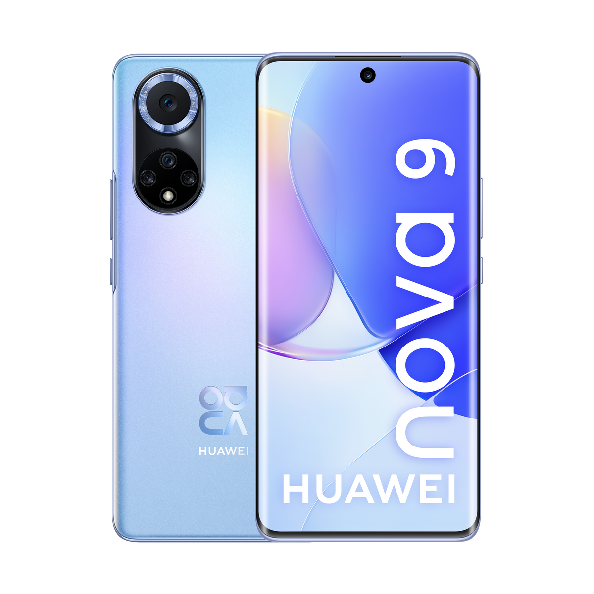 Dos smartphones azul claro con marca Huawei Nova 9, mostrando pantallas trasera y frontal.