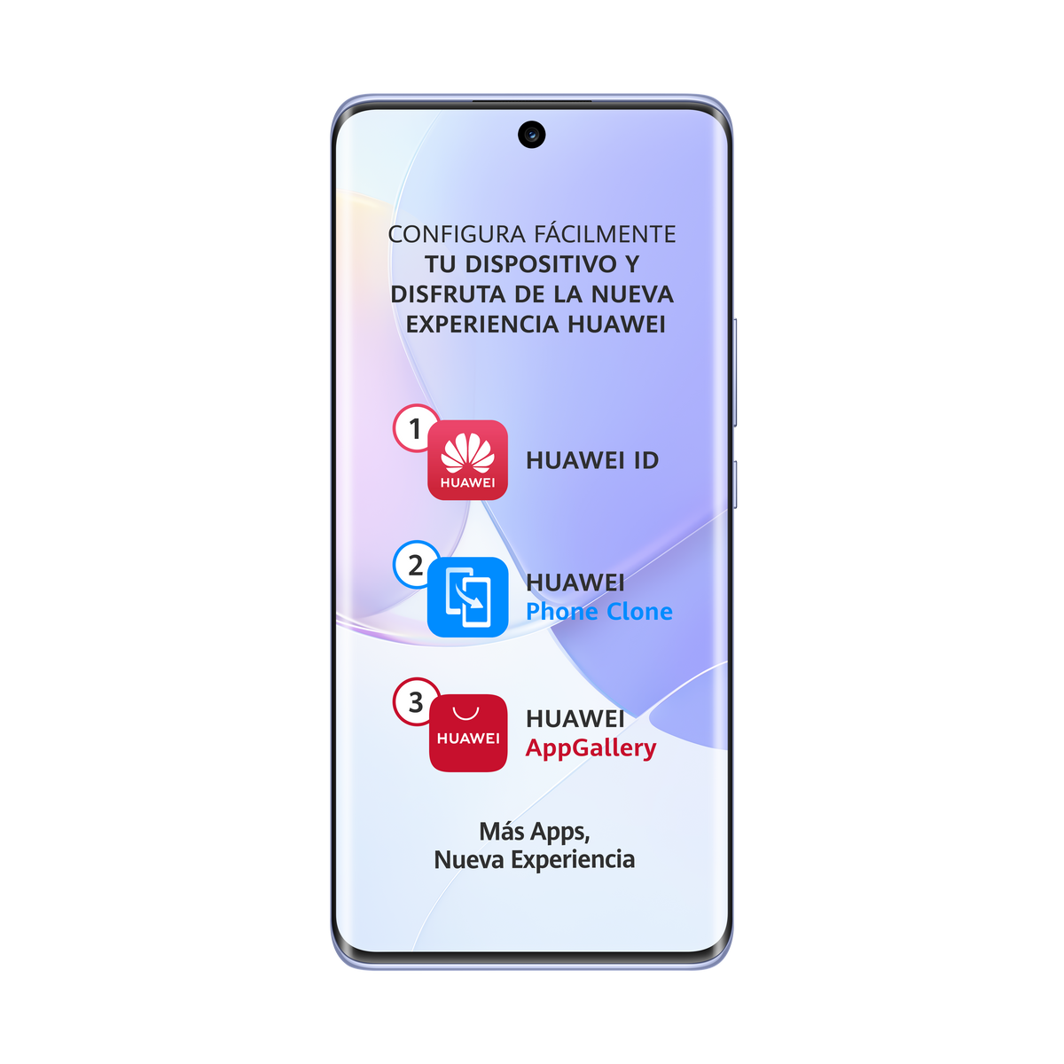 Una pantalla de smartphone mostrando los iconos y texto de Huawei ID, Phone Clone y AppGallery.