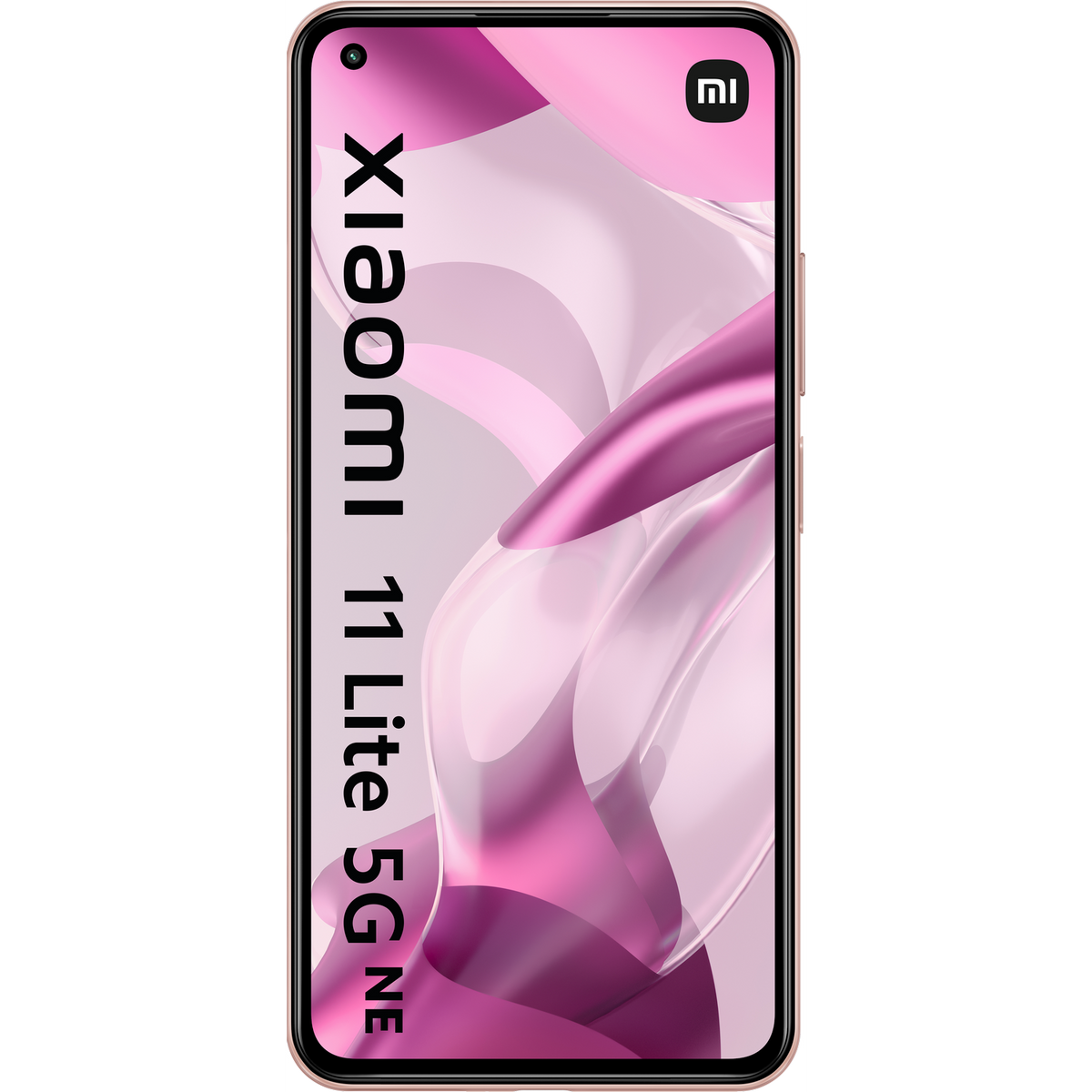 Różowy telefon z nazwą marki Xiaomi na ekranie. Tło jest również różowe.