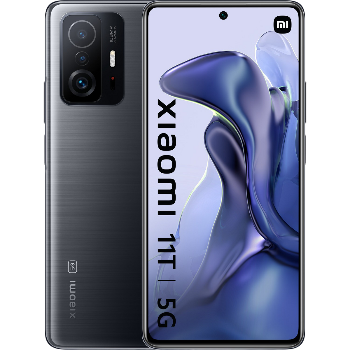 Szary smartfon Xiaomi 11T 5G, pokazujący przód i tył, z logo marki.