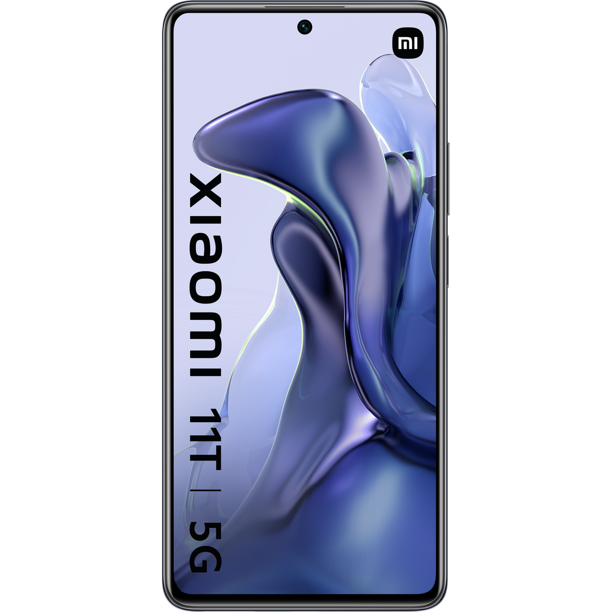 Smartfon Xiaomi 11T 5G. Widok z przodu pokazuje ekran. Tło to rozmyty, abstrakcyjny design.