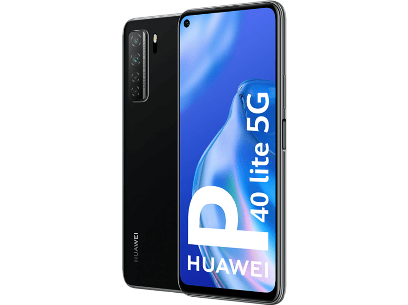 Teléfono Huawei negro con una pantalla frontal mostrando una app y la parte trasera con cámaras.