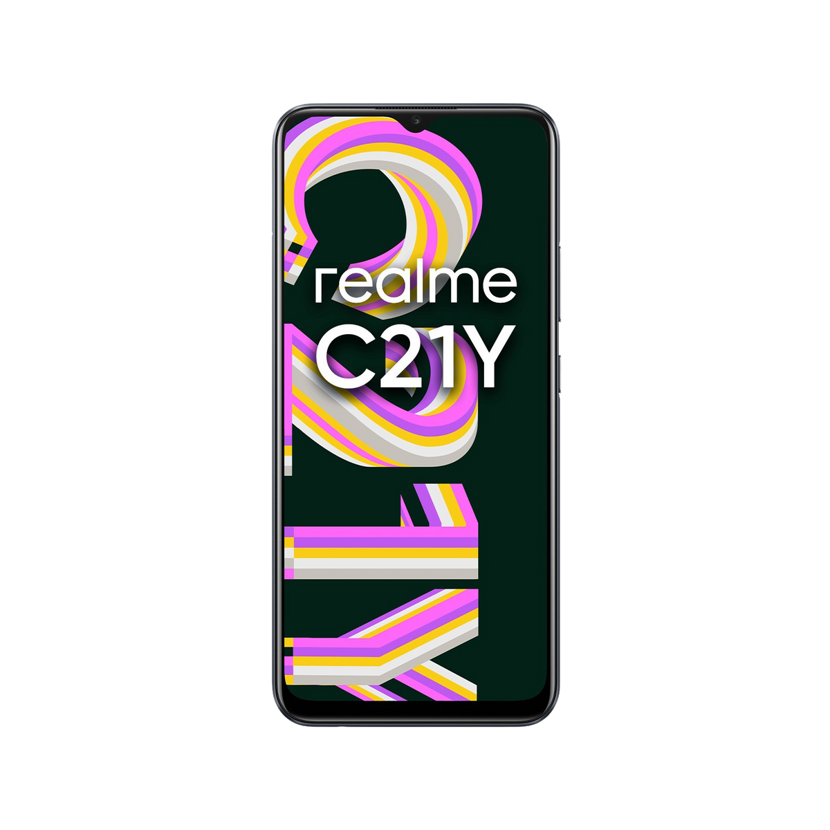 Smartfon z kolorowym designem wyświetlającym logo Realme C21Y.