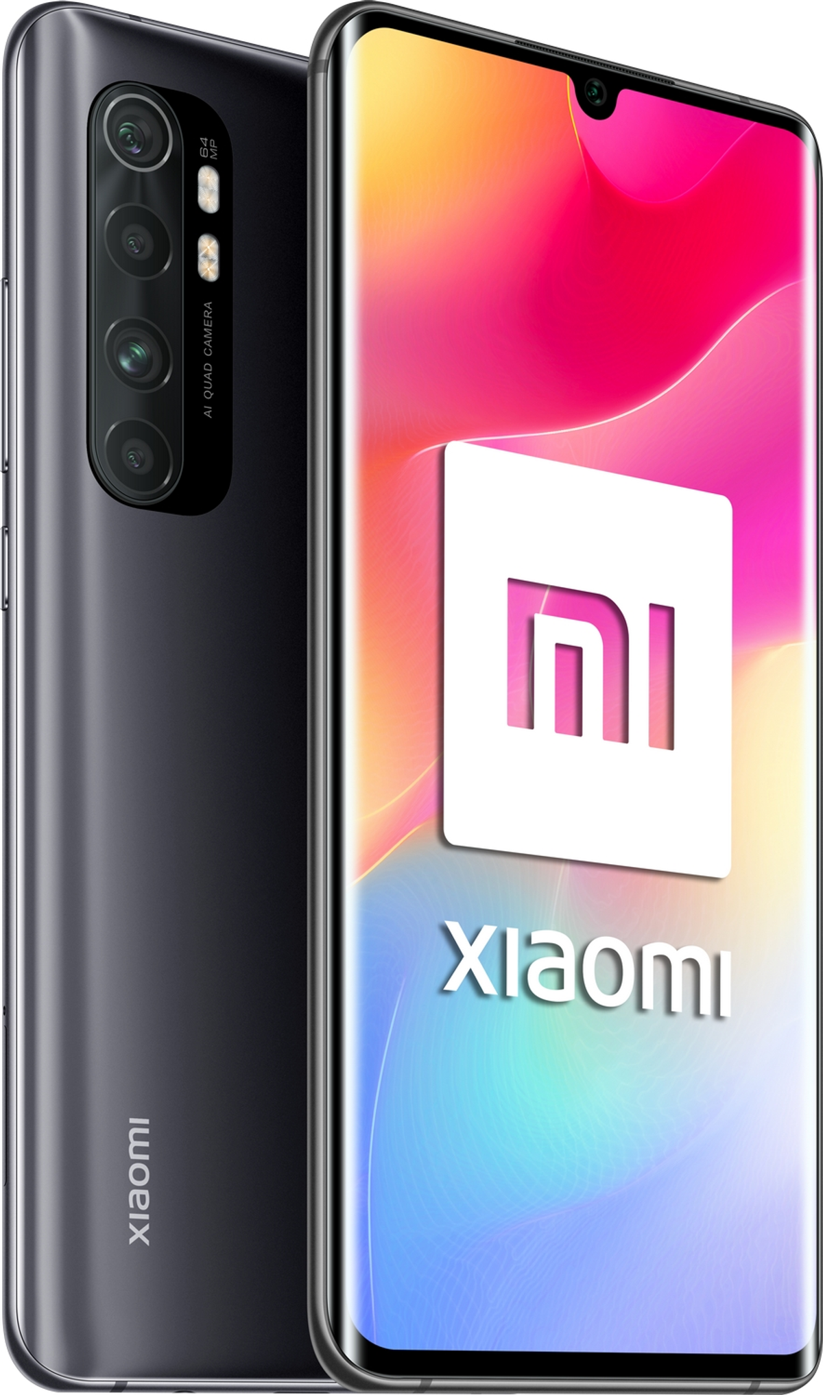 A dark gray smartphone with a large screen displaying the Xiaomi logo. The back has multiple cameras.