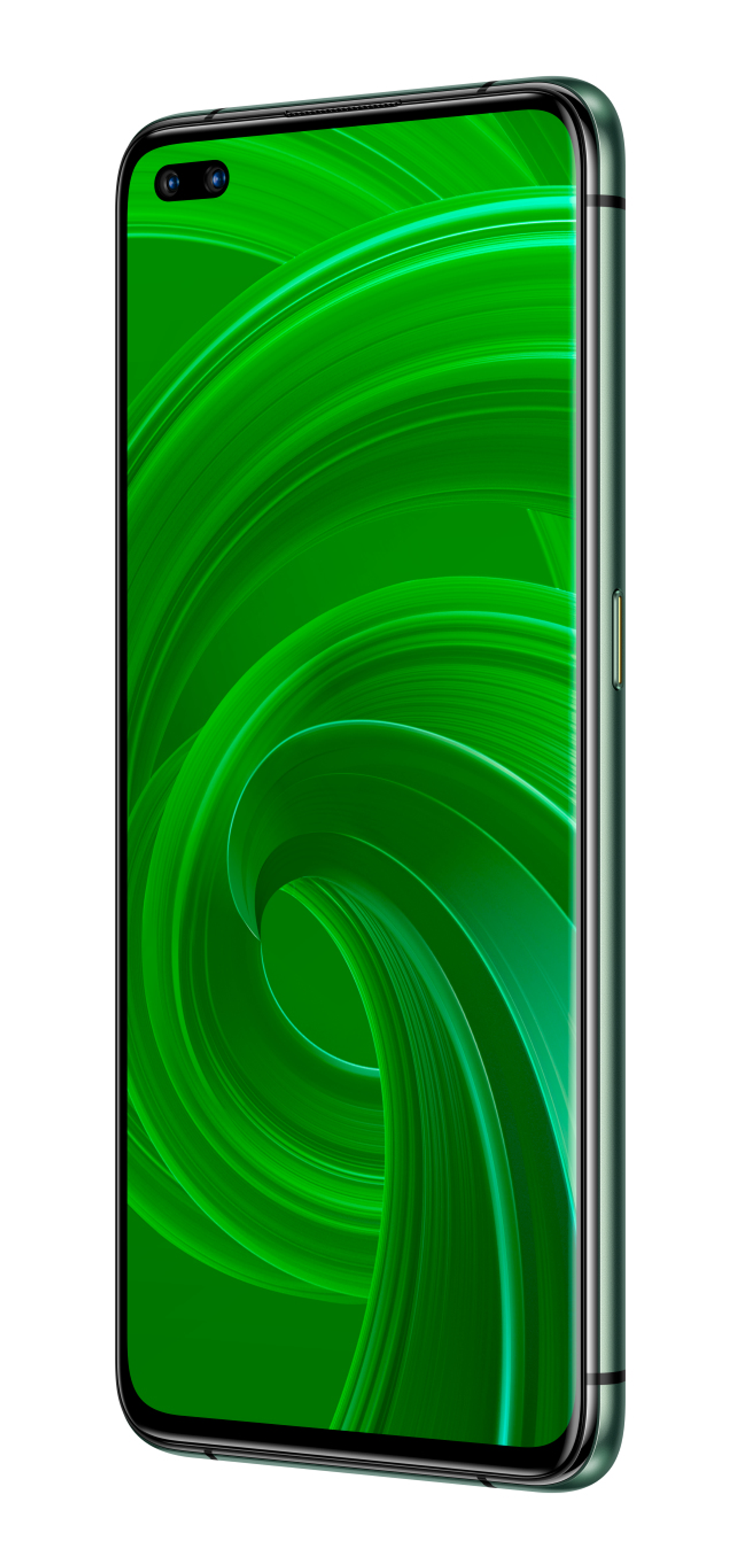 Ein grünes Smartphone mit grünem Bildschirm. Der Bildschirm zeigt ein wirbelndes grünes Muster.