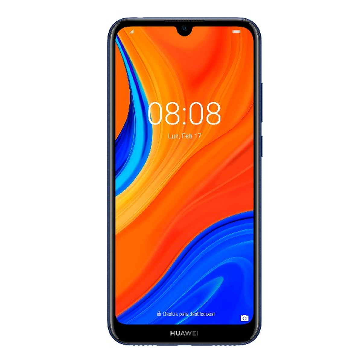 Niebieski smartfon z ekranem pokazującym godzinę i kolorowym abstrakcyjnym tłem.