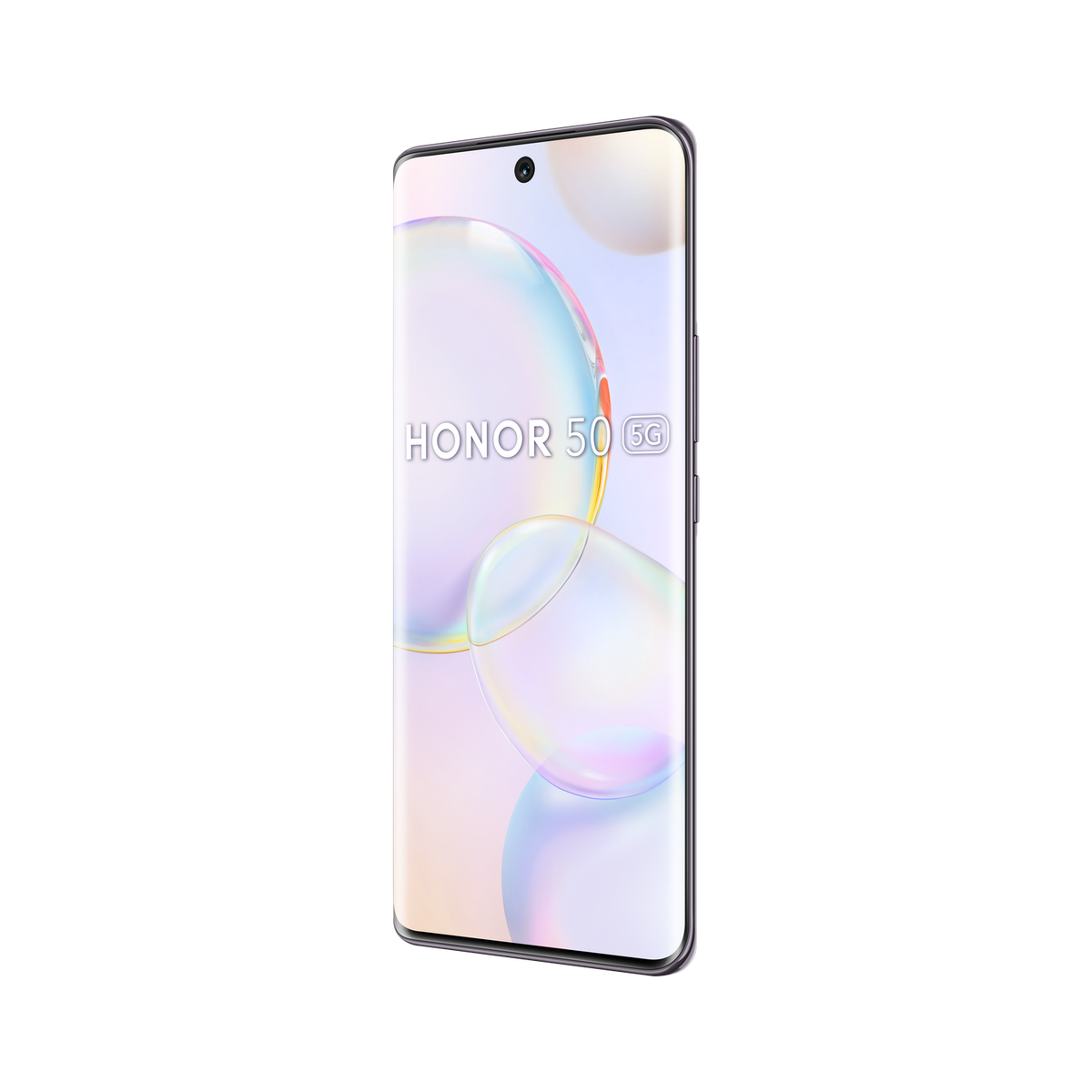 Teléfono Honor 50 5G, con pantalla curva mostrando burbujas, sobre fondo negro.