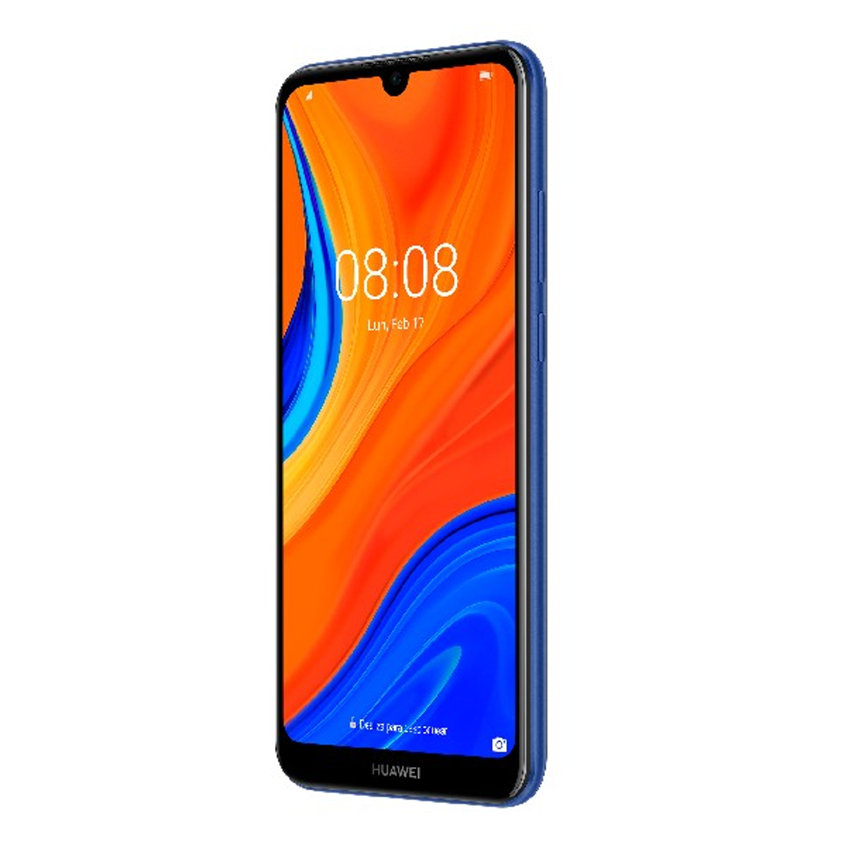 Niebieski smartfon z pomarańczowo-niebieskim gradientem na wyświetlaczu i logo Huawei.