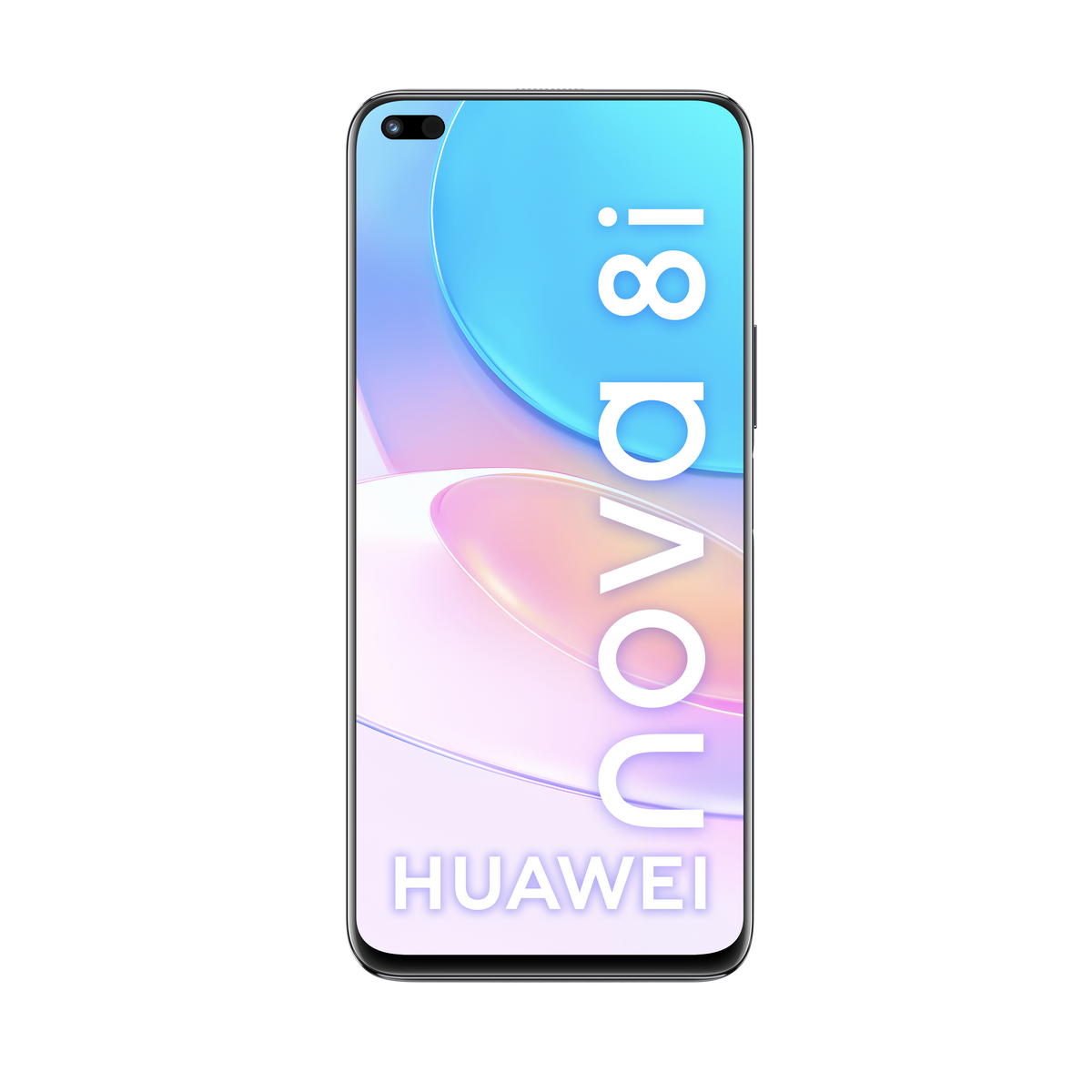 Ein Smartphone mit leuchtendem Bildschirm, der 'nova 8i' und 'HUAWEI' auf schwarzem Hintergrund anzeigt.