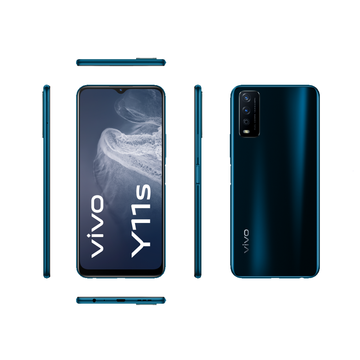 Ciemnoniebieski smartfon Vivo Y11s, pokazujący różne kąty, w tym widoki z przodu i z tyłu.