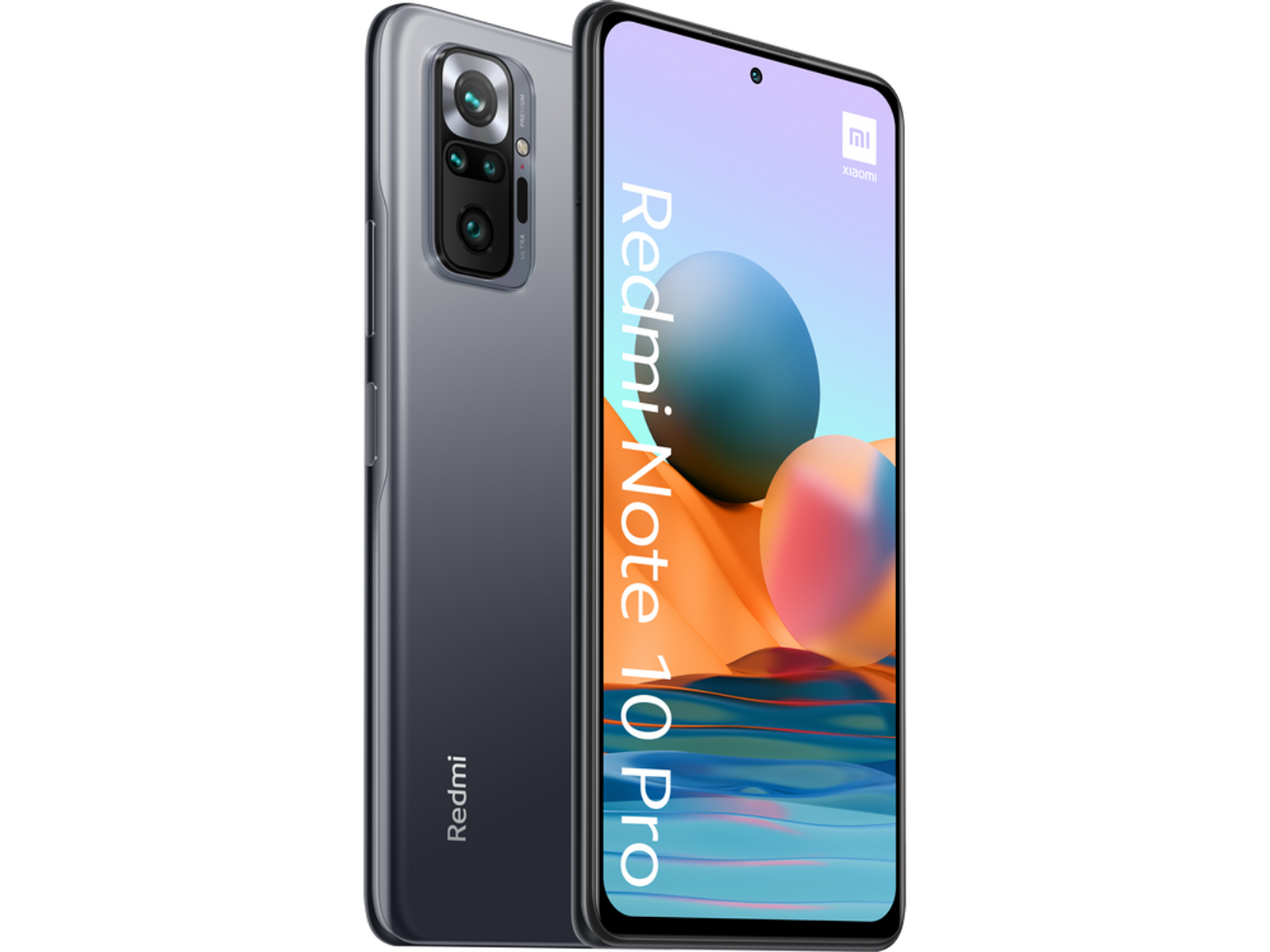 Ein schwarz-graues Redmi Note 11S Smartphone. Der Bildschirm zeigt ein farbenfrohes Design. Die Rückseite zeigt Kameras.