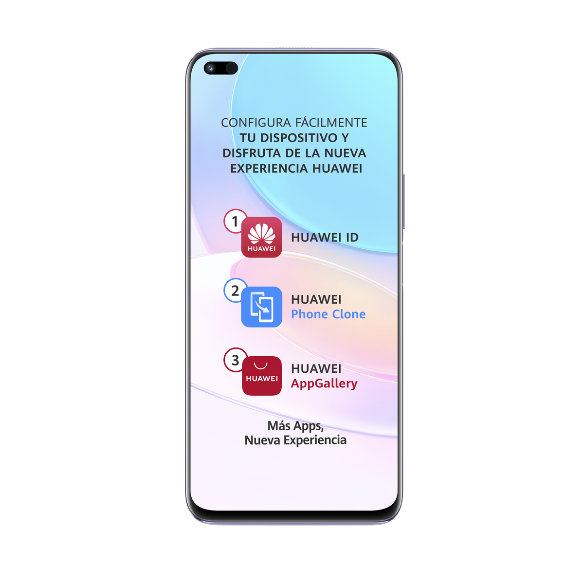 Ein Telefonbildschirm zeigt Einrichtungsanweisungen für ein Huawei-Telefon.