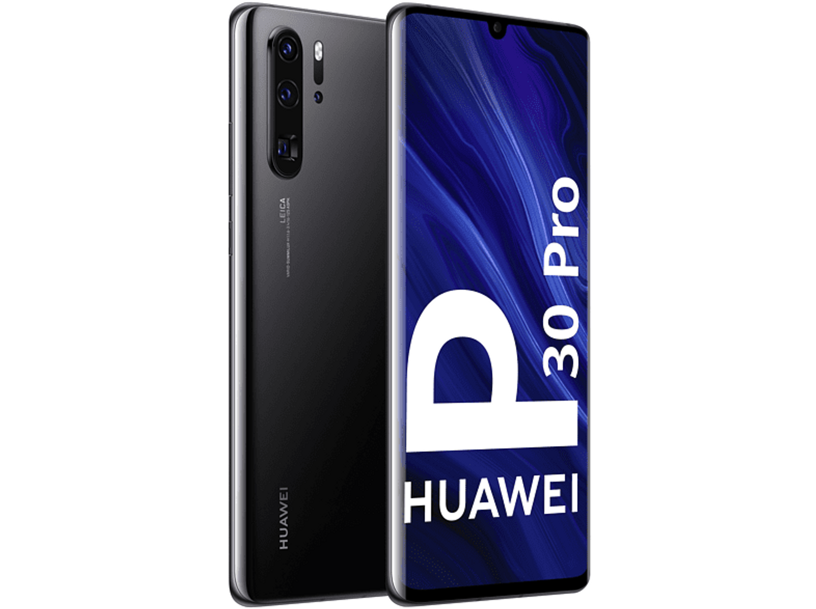 Schwarzes Huawei P30 Pro Telefon mit Text auf dem Bildschirm. Die Rückseite hat drei Kameras.