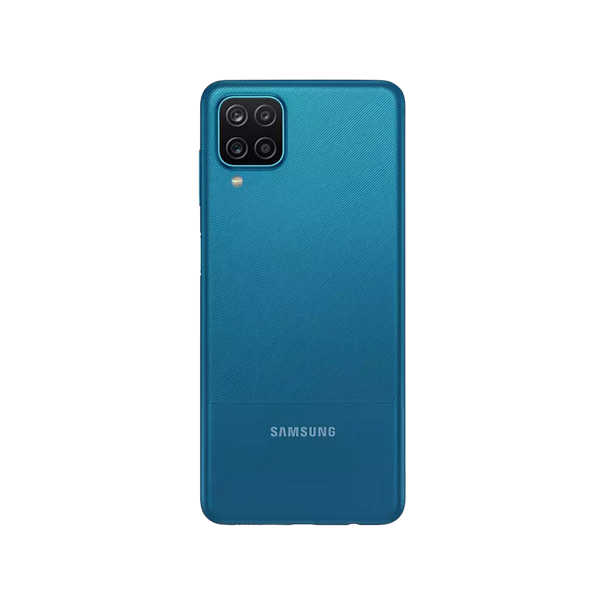 Eine blaue Smartphone-Rückseite mit strukturiertem Muster und vier Kameralinsen, schwarzer Hintergrund.