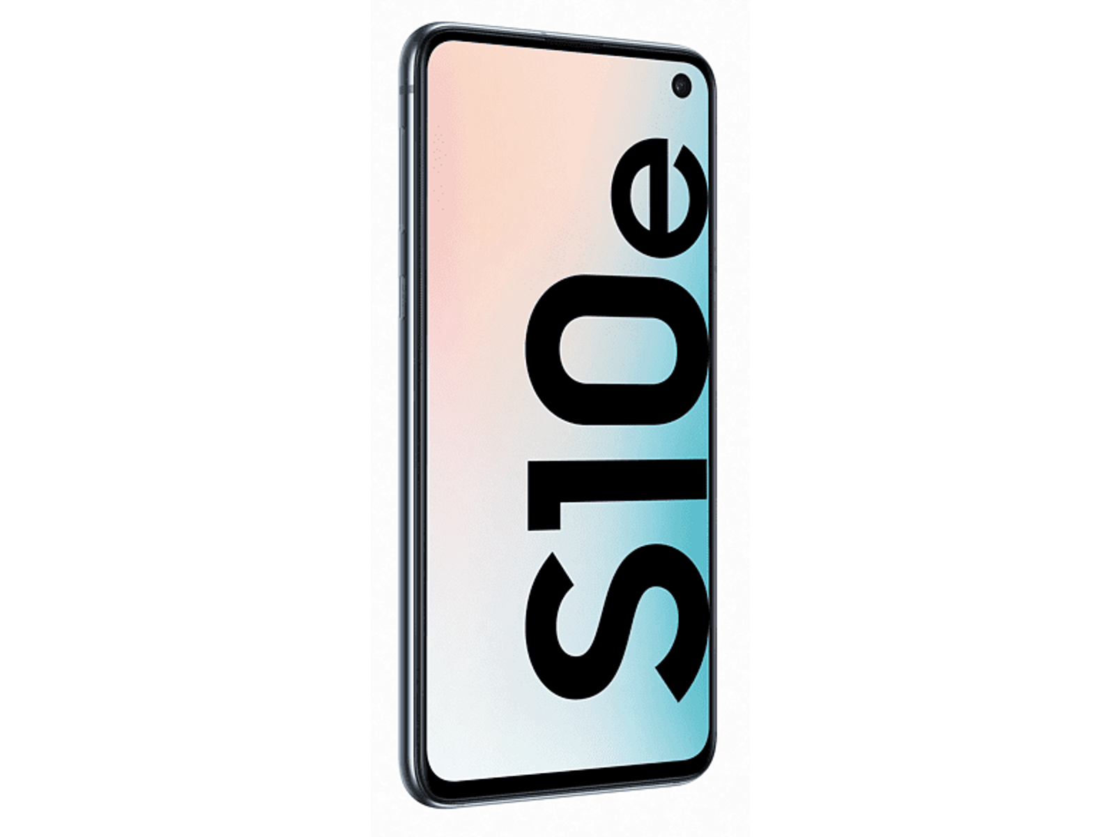 Un smartphone Samsung S10e dorado sobre fondo negro.
