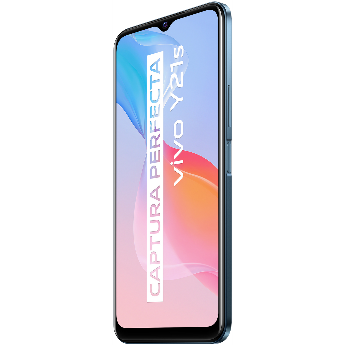 Ein blaues Smartphone mit den Worten 'CAPTURA PERFECTA VIVO Y21s' auf dem Bildschirm.