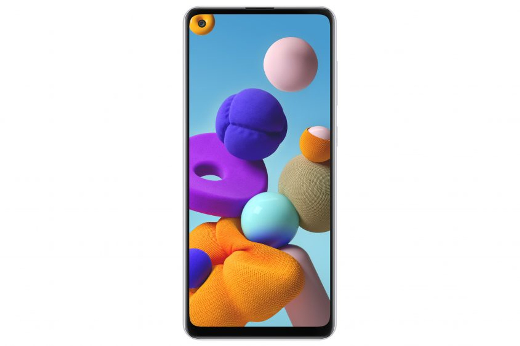Un smartphone muestra formas abstractas en naranja, morado, rosa y azul sobre fondo azul.
