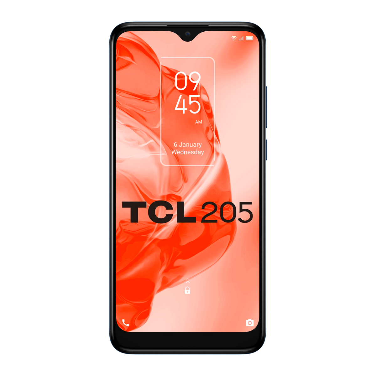 Een blauwe telefoon toont een rood abstract ontwerp en de tijd 09:45 AM.