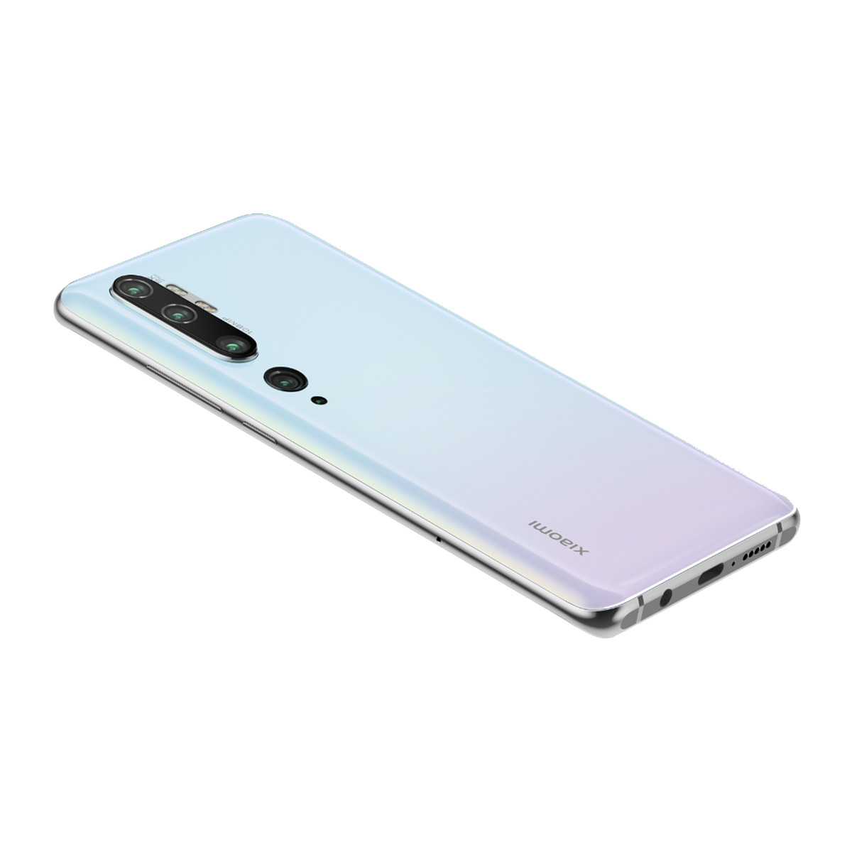 Smartfon z gradientem od bieli do jasnoniebieskiego, marki Xiaomi, na białej powierzchni.