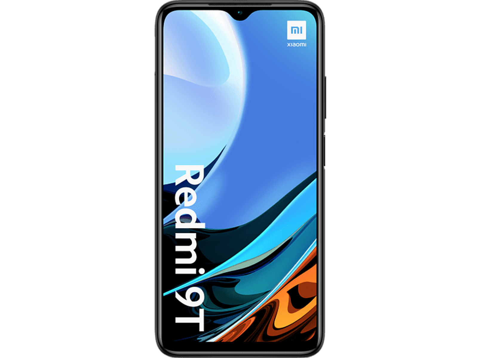 Czarny smartfon z logo Redmi 9T na ekranie. Ekran pokazuje kolorowe tło.
