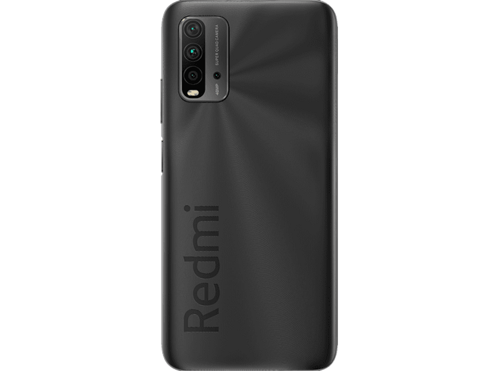 Czarny telefon ze słowem 'Redmi' pionowo na plecach i zestawem kamer.