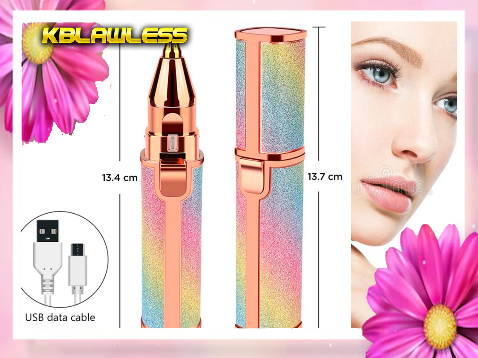 Dispositivo de depilación con diseño rosa y arcoíris. Cable USB y rostro de mujer.