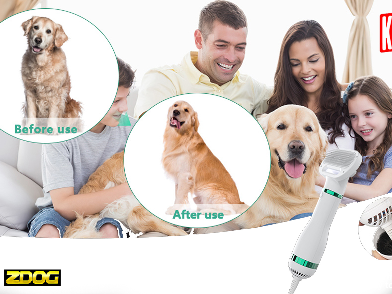 Familia con perro, antes y después del aseo. También se muestra una herramienta de aseo.