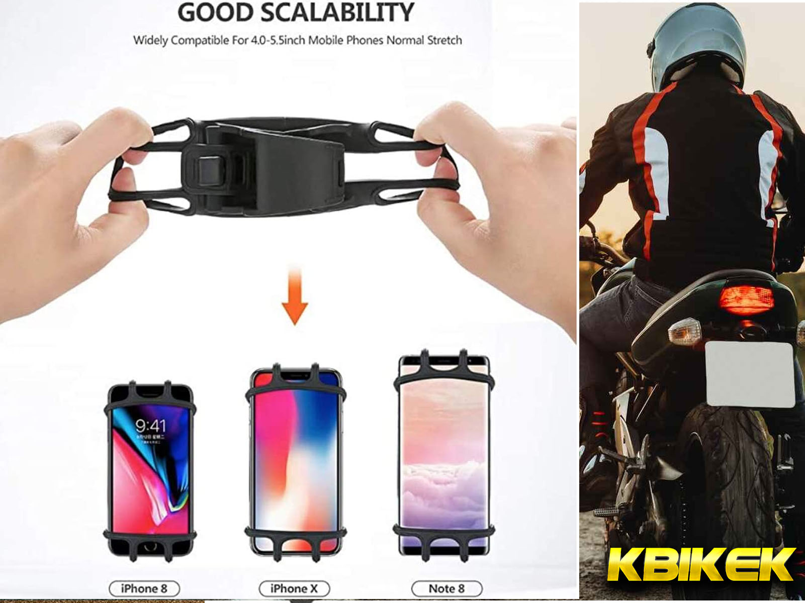 Un soporte para teléfono que sujeta diferentes teléfonos. Una motocicleta está en el fondo.