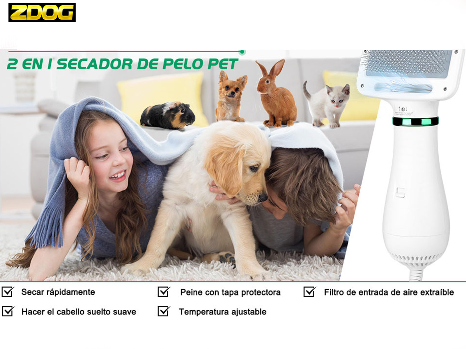 Una niña y un niño están bajo una manta con un cachorro golden retriever y pequeños animales, y un secador de mascotas.