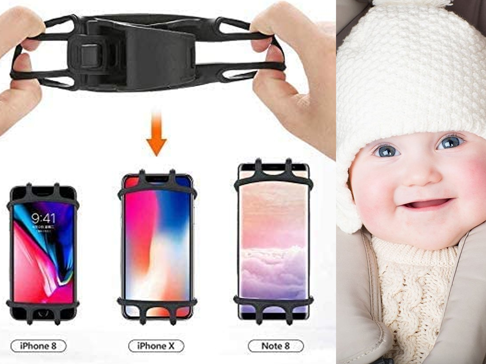 Un bebé con un gorro blanco junto a unos soportes para teléfonos y teléfonos en ellos.