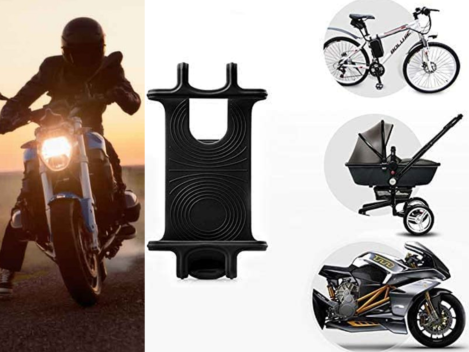 Imagen de una motocicleta, un soporte para teléfono negro, una bicicleta y un cochecito.