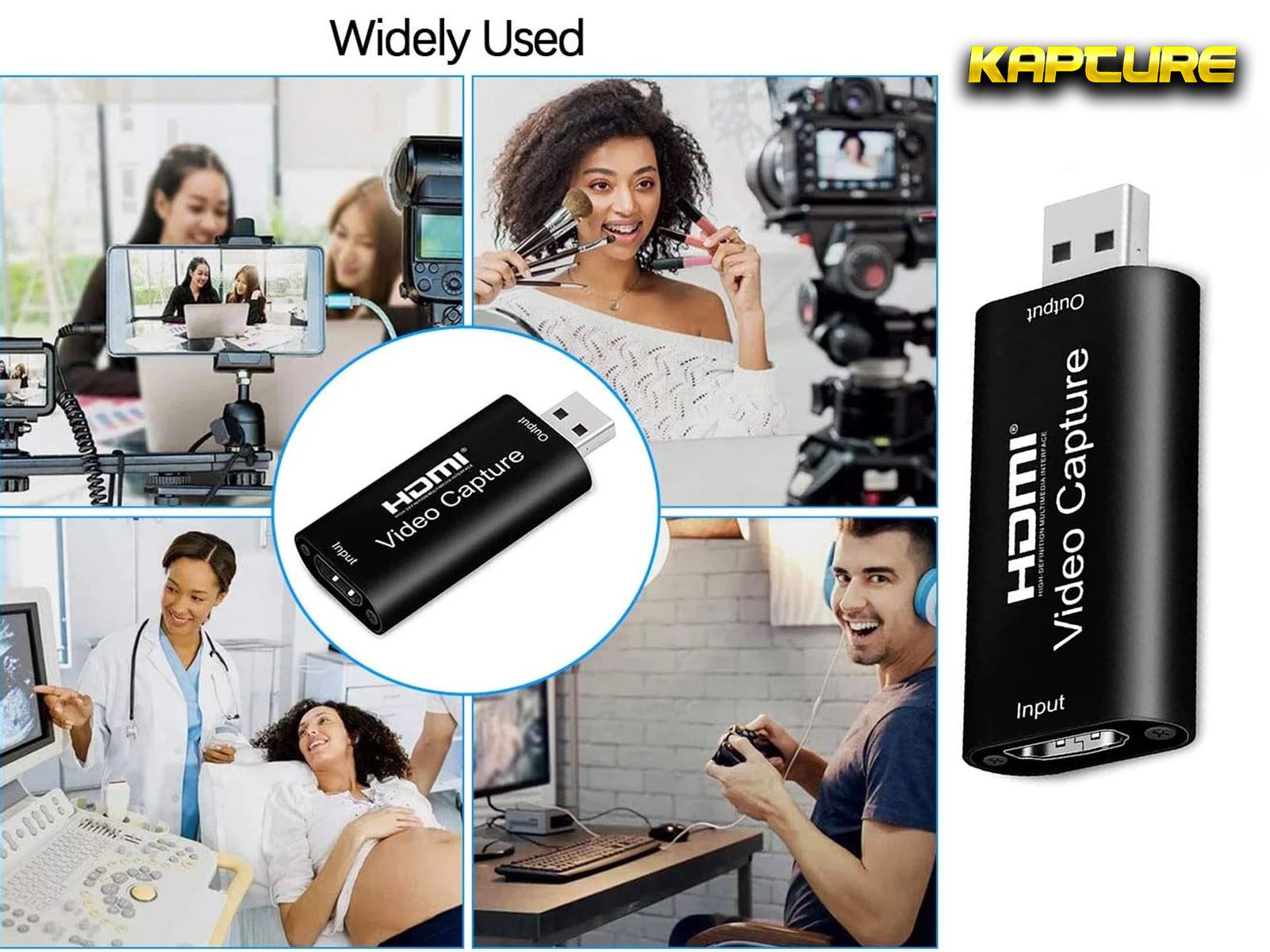 Un dispositivo de captura de video HDMI con varios casos de uso, incluyendo filmación y aplicaciones médicas.
