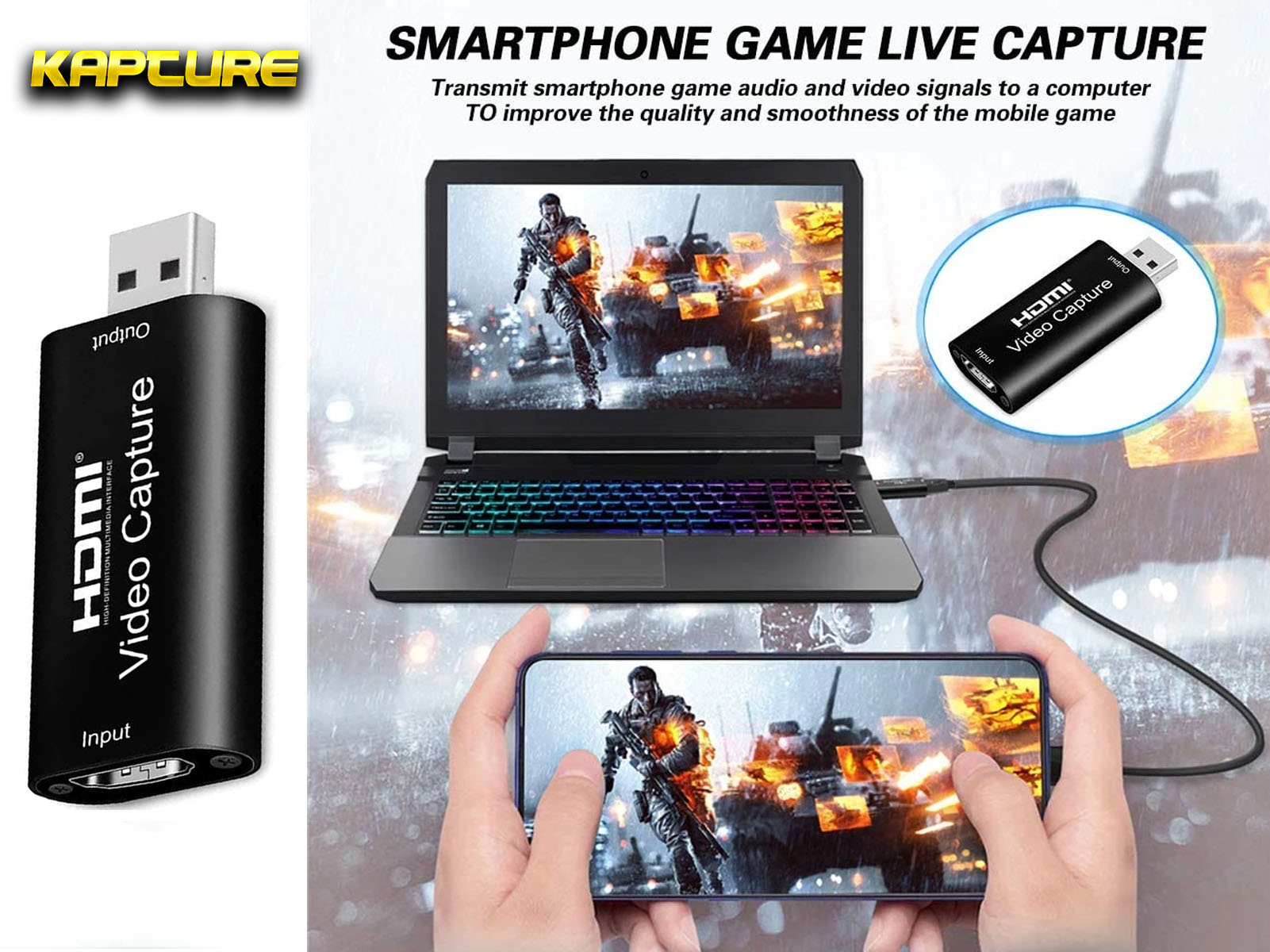 Un smartphone conectado a una laptop a través de un dispositivo de captura de video HDMI negro.