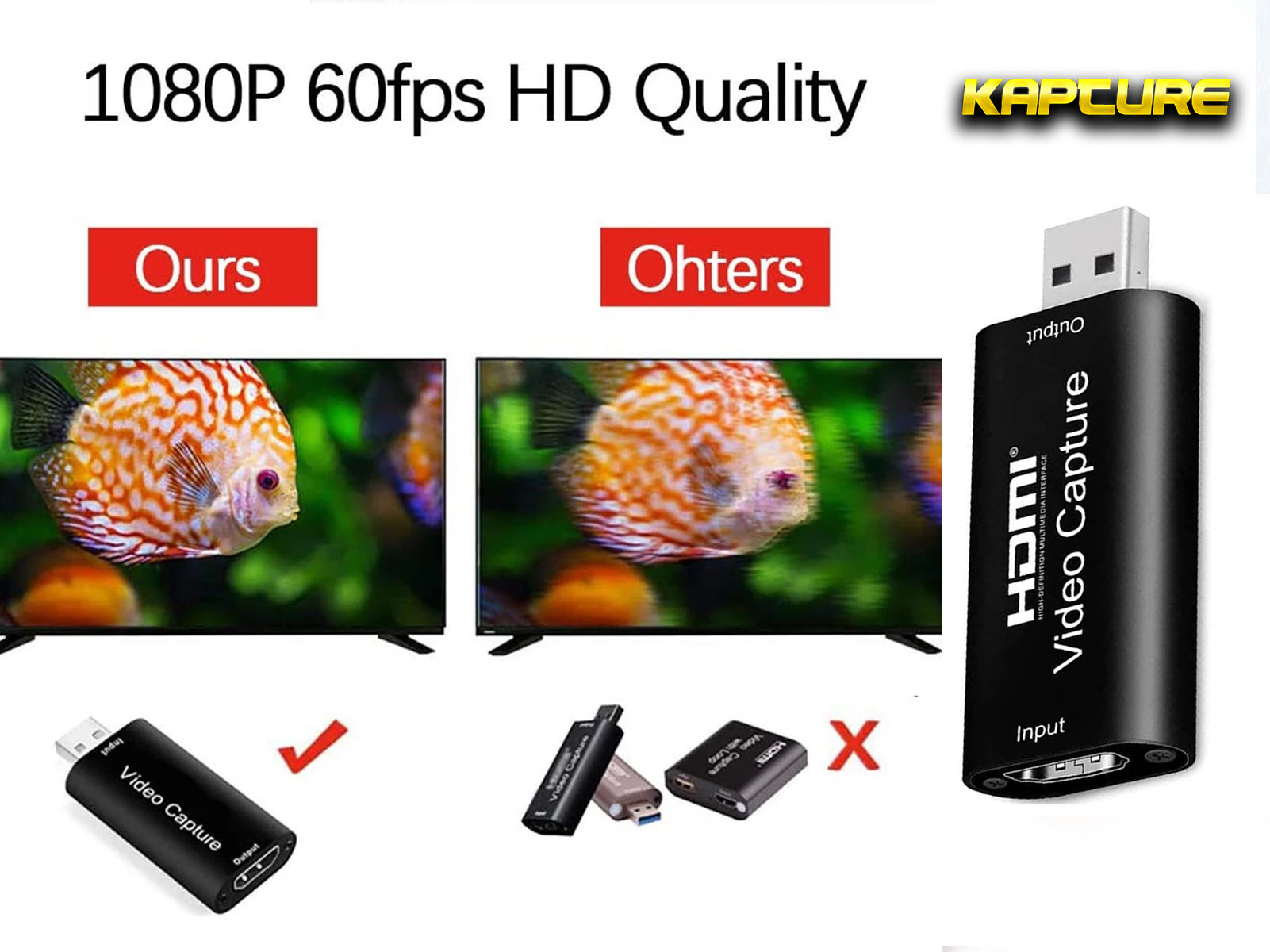 Dispositivo de captura de video HDMI. Dos pantallas mostrando peces. Fondo blanco.