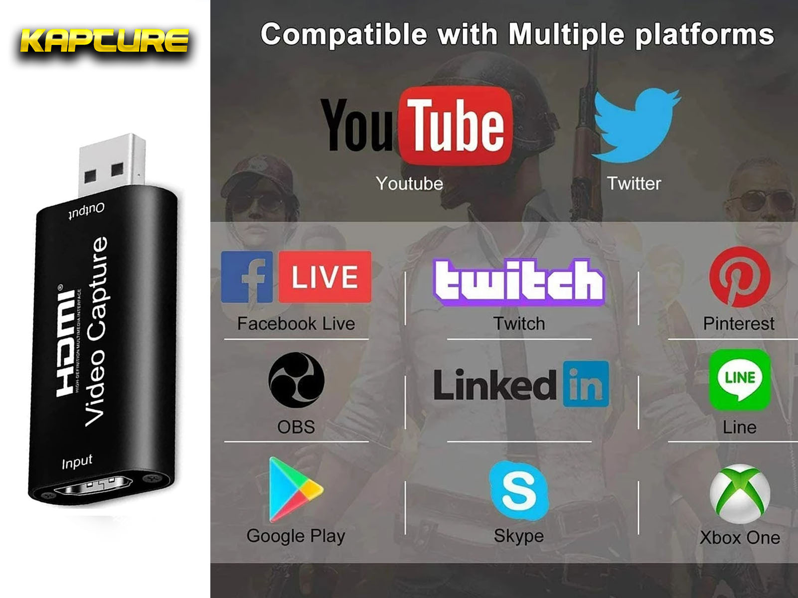 Dispositivo de captura de video HDMI negro. Muestra logos de redes sociales.