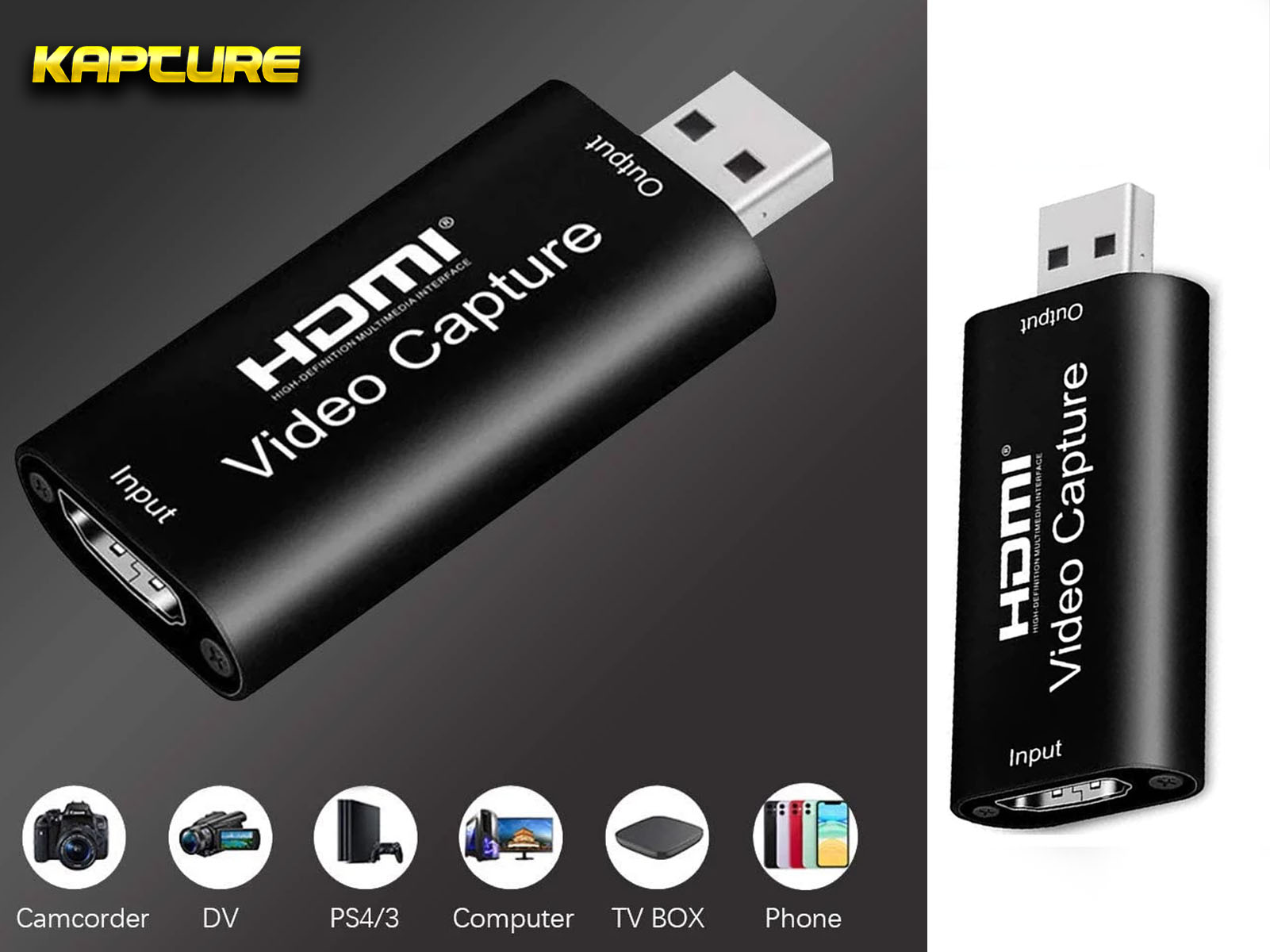 Un dispositivo de captura de video negro con puertos HDMI y un puerto de salida. La marca es Kaptcure.