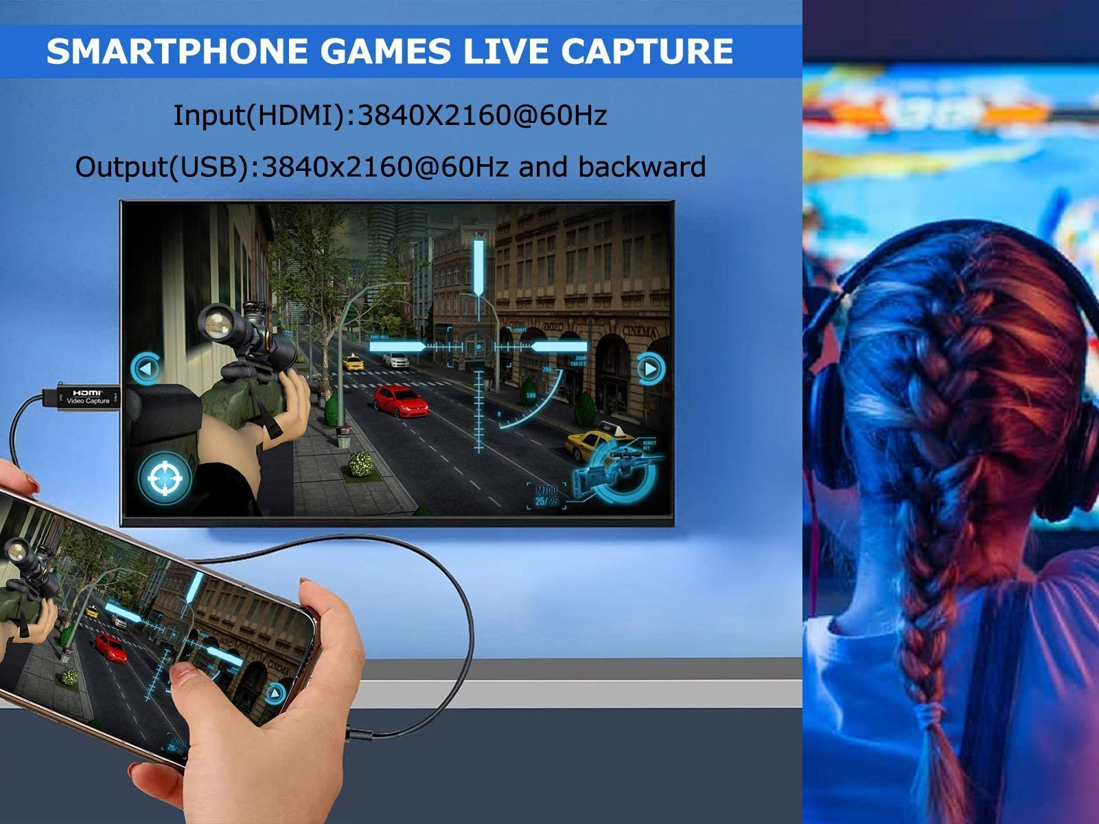 Un smartphone que muestra un juego, conectado a una configuración de captura en vivo.