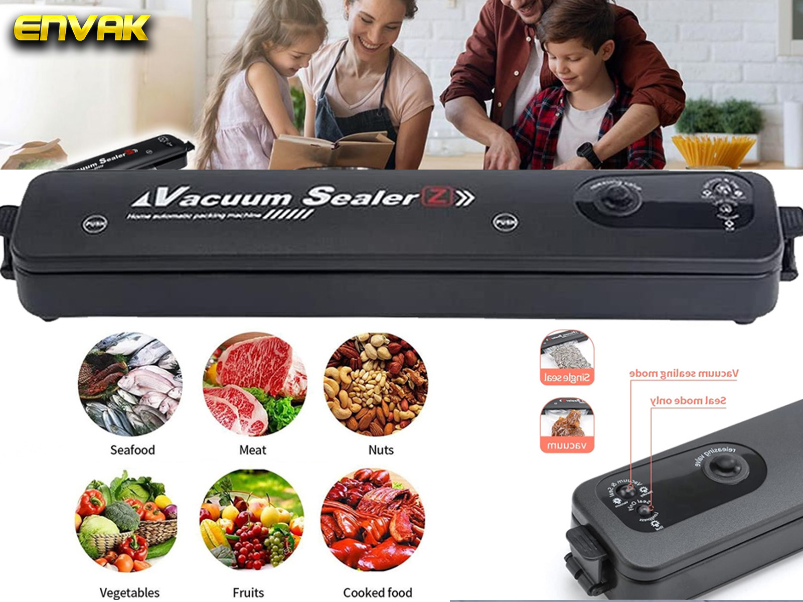 Selladora al vacío con alimentos: mariscos, carne, nueces, verduras, frutas y comida cocinada. Familia en el fondo.