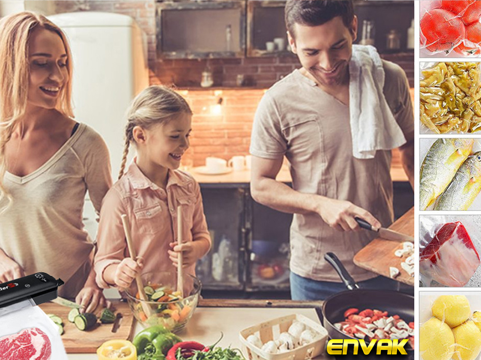 Una familia cocinando en la cocina, con un hombre cortando verduras y comida cerca.