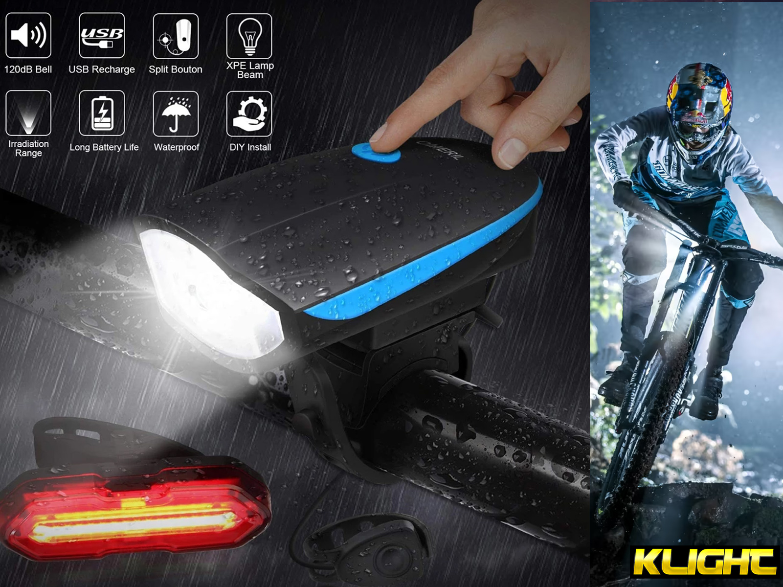 Juego de luces para bicicleta con luz delantera, trasera y persona montando en bici.