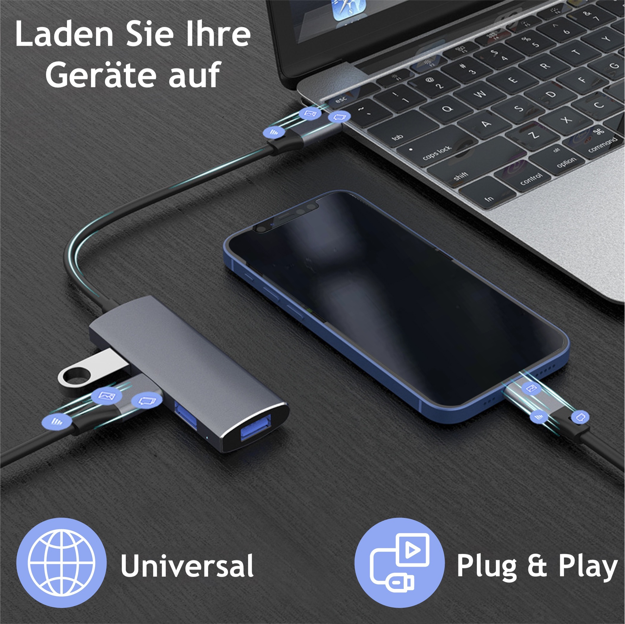 Adapter Grau ROLIO 3.0, Space USB Hub, USB-C